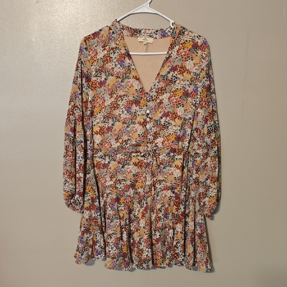 Entro Boho Long Sleeve Floral Chiffon V-Neck‎ Tiered Mini Dress Multicolor Small
